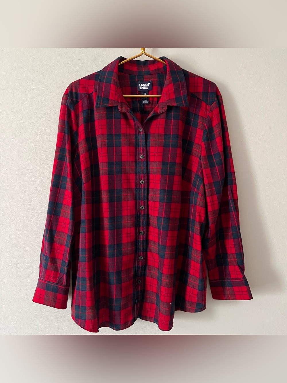 Women's Lands' End Red Blue Plaid Flannel 100% Cotton Relaxed Button-Up Shirt 1X